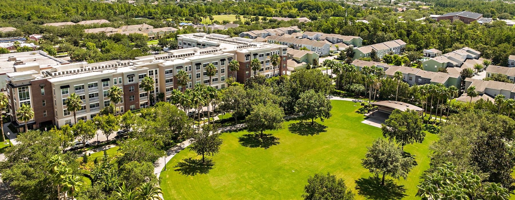 an aerial view of a large building