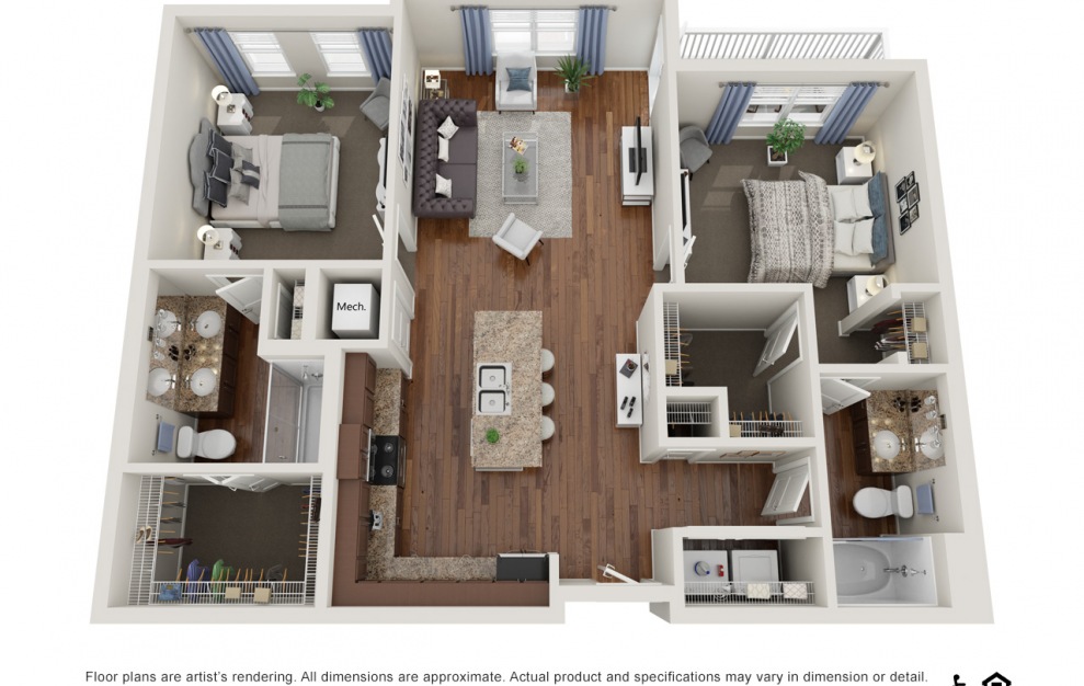 B1.2  - 2 bedroom floorplan layout with 2 baths and 1117 square feet. (3D)