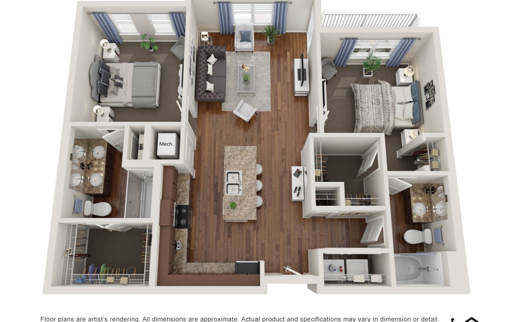 B1.2  - 2 bedroom floorplan layout with 2 bathrooms and 1117 square feet (3D)