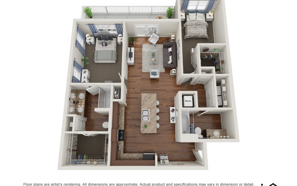 B3.2  - 2 bedroom floorplan layout with 2 baths and 1196 square feet.