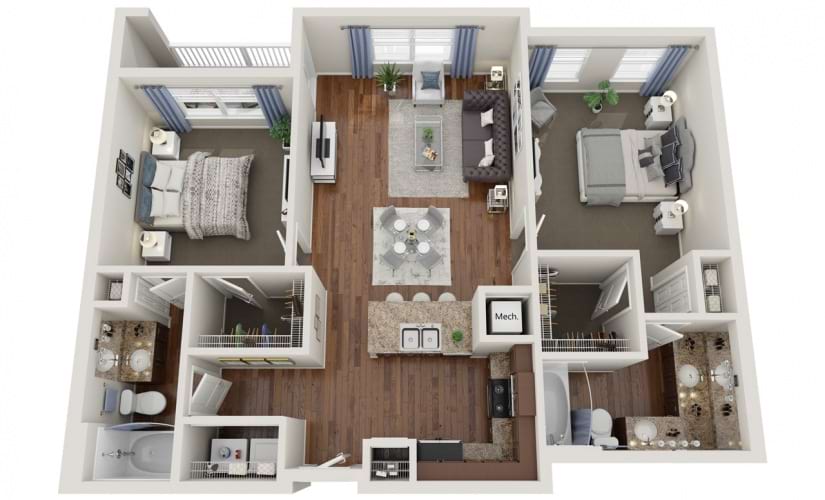 B2.1  - 2 bedroom floorplan layout with 2 bathrooms and 1137 square feet