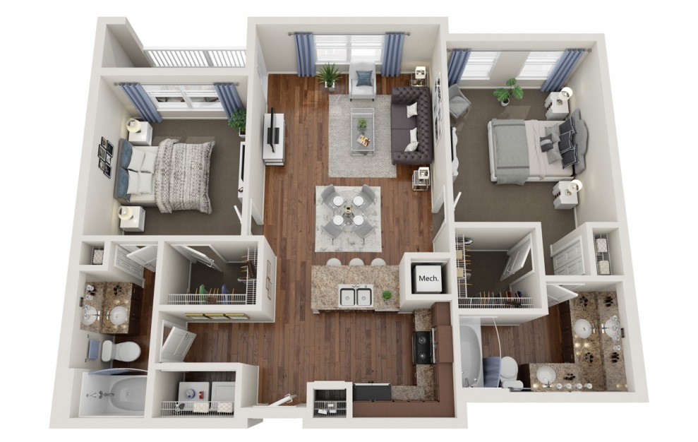 B2.1  - 2 bedroom floorplan layout with 2 baths and 1137 square feet.