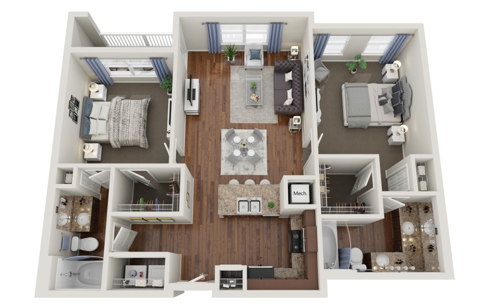 B2.1  - 2 bedroom floorplan layout with 2 bathrooms and 1137 square feet