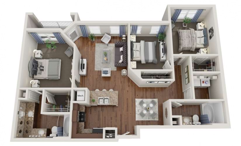 C1.1 - 3 bedroom floorplan layout with 2 bathrooms and 1326 square feet