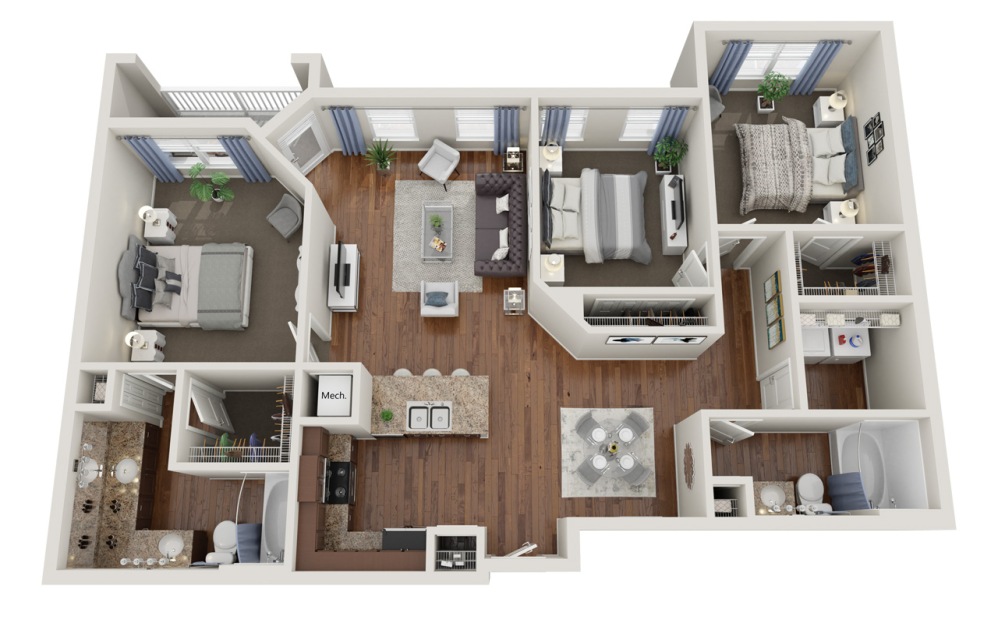 C1.1 - 3 bedroom floorplan layout with 2 bathrooms and 1326 square feet