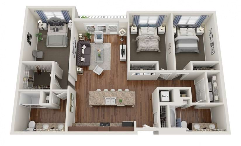 C2.2  - 3 bedroom floorplan layout with 2 bathrooms and 1367 square feet